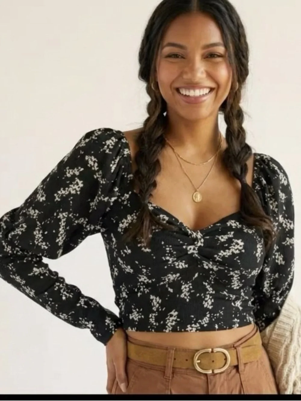 Anthropologie Floral Sweetheart Neck Puff‎ Sleeve Top, Black/White, Size XS